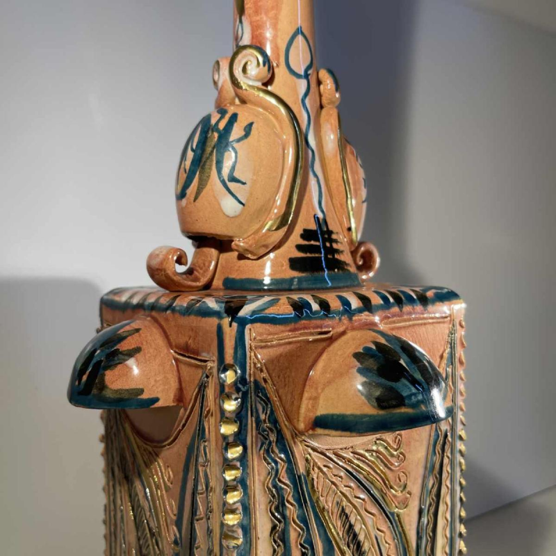 Maîtrise de Nimy, ceramic 4-handle vase (49cm), vegetal design, stretched neck, square-section body, ca 1945