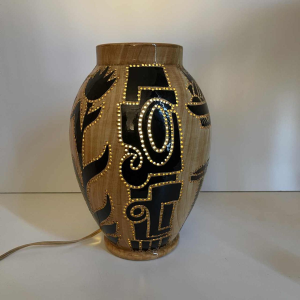 GRANDJEAN JOURDAN for VALLAURIS, ceramic photophore lamp, African decor, ca 1960