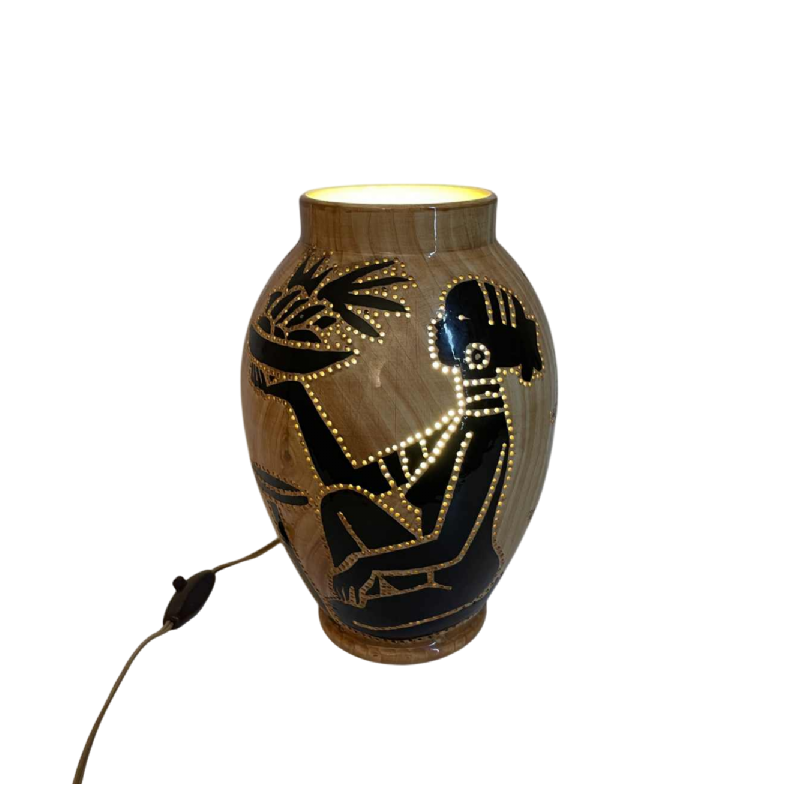 GRANDJEAN JOURDAN for VALLAURIS, ceramic photophore lamp, African decor, ca 1960