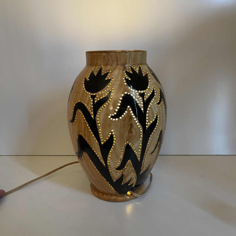 GRANDJEAN JOURDAN pour VALLAURIS, lampe photophore en céramique, décor africaniste, ca 1960