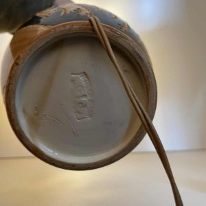 GRANDJEAN JOURDAN pour VALLAURIS, lampe photophore en céramique, décor africaniste, ca 1960