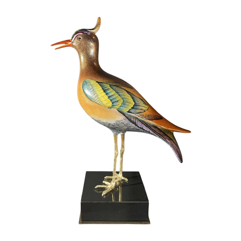 Giulia Mangani / Oggetti, sculpture 'Lapwing crested bird' polychrome porcelain & ormolu, Hollywood Regency ca 1970