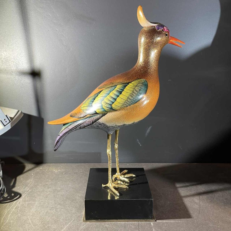 Giulia Mangani / Oggetti, sculpture - Oiseau Vanneau huppe´ - porcelaine polychrome & bronze dore´, Hollywood Regency ca 1970