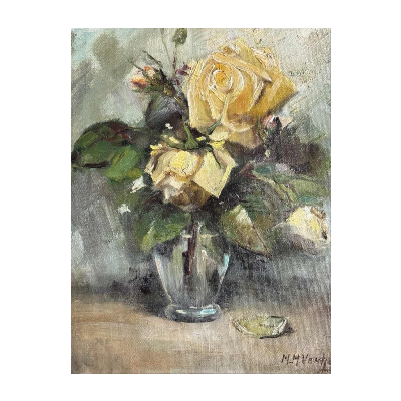 M-M VERHEYDEN "Bouquet de roses jaunes" peinture nature morte, huile sur toile, 20ème siècle