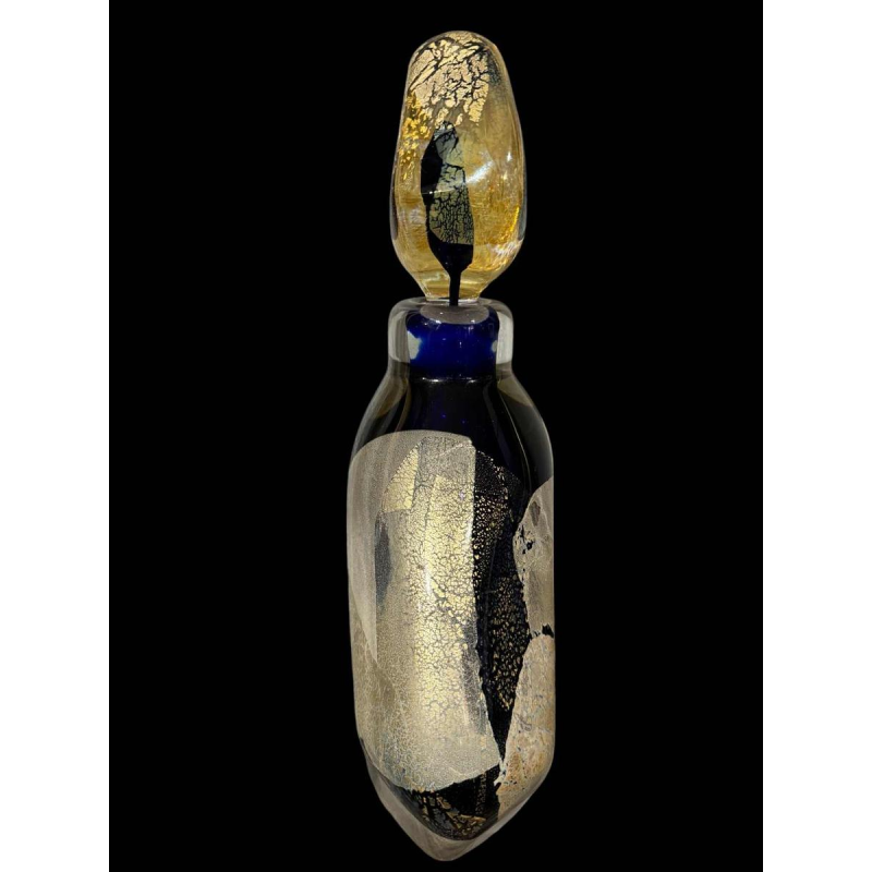 PIERRE MARION, large bottle / lined crystal sculpture with gold inlay, France ca 1980