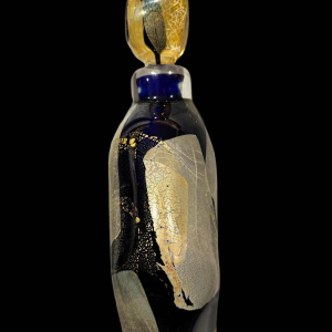 PIERRE MARION, large bottle / lined crystal sculpture with gold inlay, France ca 1980