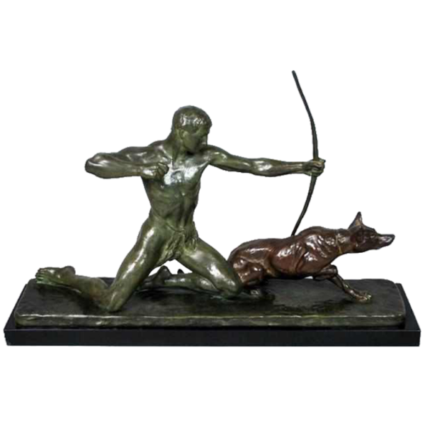 Art Deco brons van de Franse beeldhouwer Louis Riche "De jager en zijn hond".