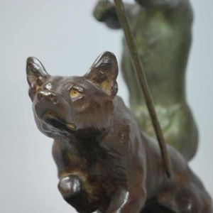 Art Deco brons van de Franse beeldhouwer Louis Riche "De jager en zijn hond".