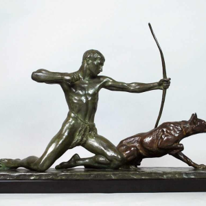 Art Deco brons van de Franse beeldhouwer Louis Riche "De jager en zijn hond".