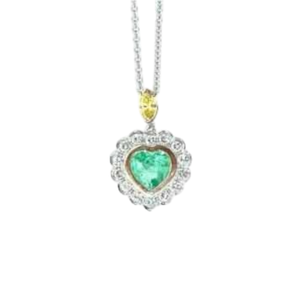 Pendentif 'Coeur' or blanc, diamant & émeraude