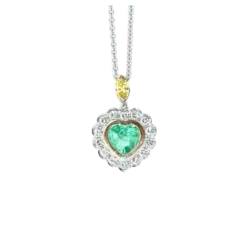 Pendentif 'Coeur' or blanc, diamant & émeraude