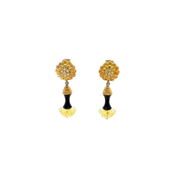 Paar 18k geelgouden oorbellen met diamanten en zwarte onyx