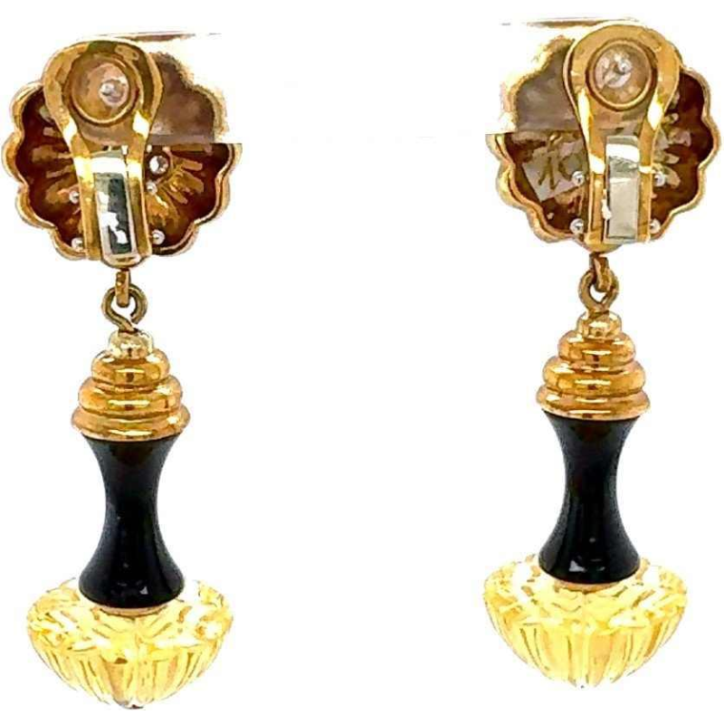 Paar 18k geelgouden oorbellen met diamanten en zwarte onyx