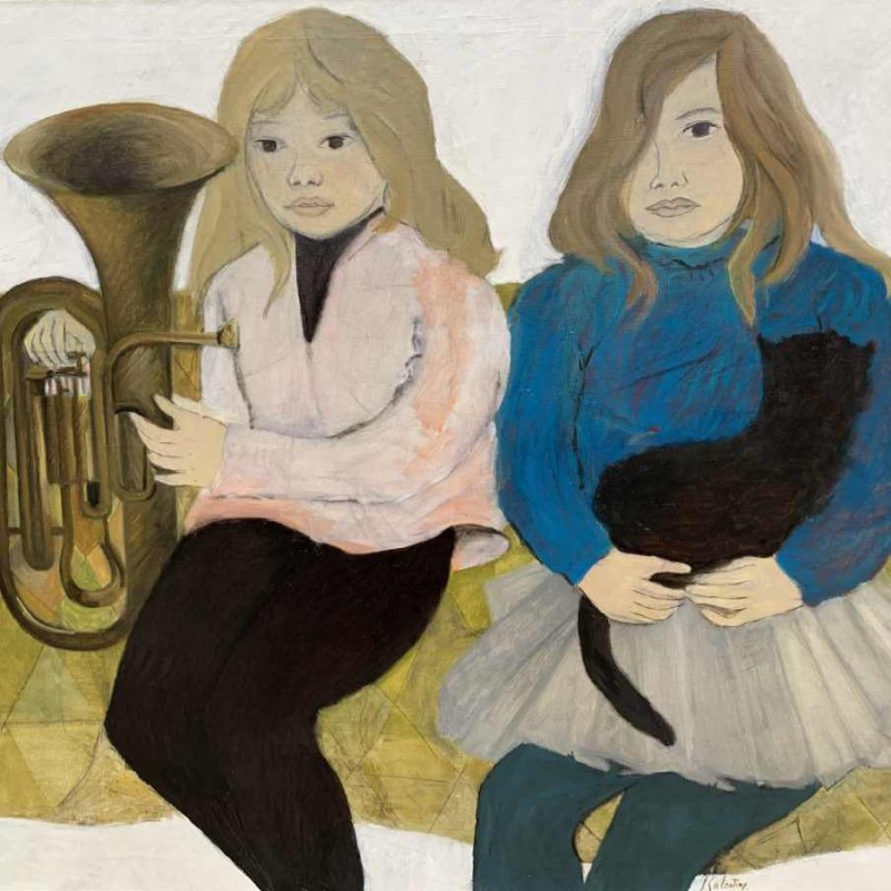 "Deux soeurs" grande huile sur toile de Jeanne Salentiny (1924-2018)