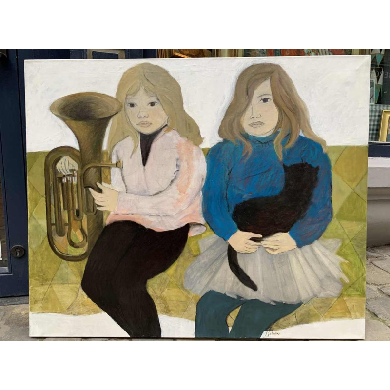 "Deux soeurs" grande huile sur toile de Jeanne Salentiny (1924-2018)