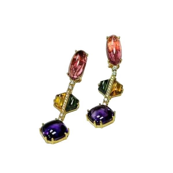 Paire de boucles d'oreilles en or jaune, diamants & pierres semi-précieuses