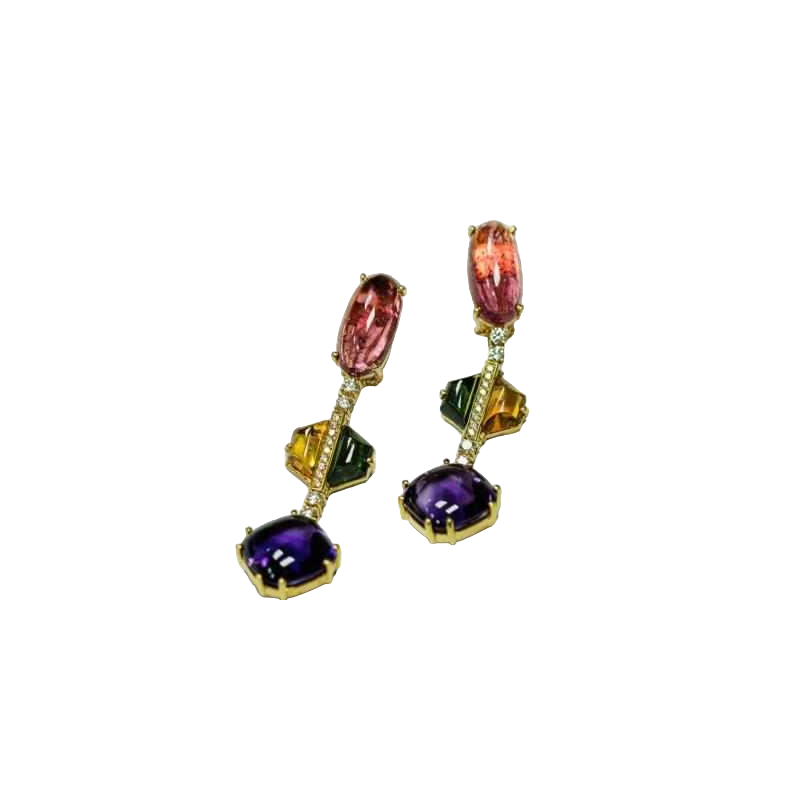 Paire de boucles d'oreilles en or jaune, diamants & pierres semi-précieuses