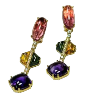 Pair of earrings in yellow gold, diamonds & semi-precious stones