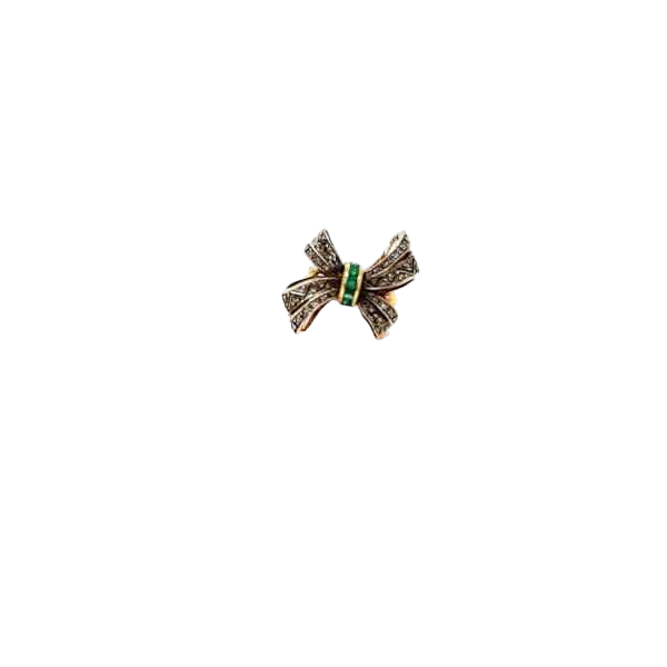 Antique 18k gold and silver ring, Noeud shape, rose-cut diamonds and emerald baguettes, early 20th century