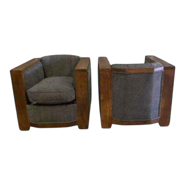 Pair of Art Deco Club armchairs, stained wood and grey fabric, ca 1930
