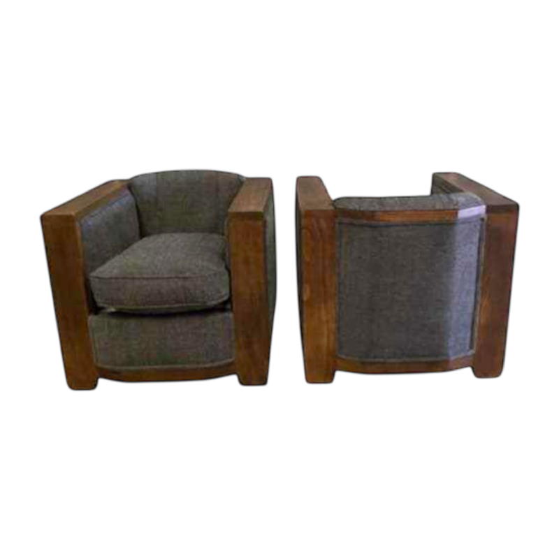 Paar Art Deco 'Club' fauteuils, gebeitst hout en grijze stof, ca 1930