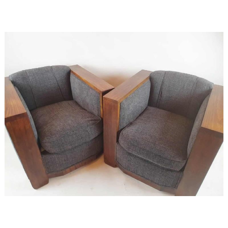 Paar Art Deco 'Club' fauteuils, gebeitst hout en grijze stof, ca 1930