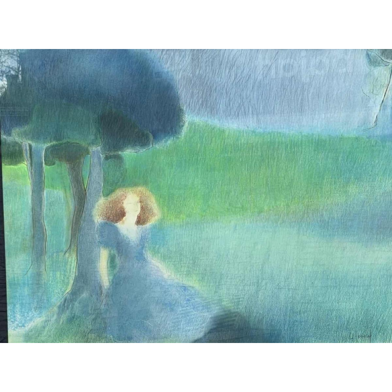 Ninette Ferard (Namur 1933-) pastel « Jeune femme assise contre un arbre »