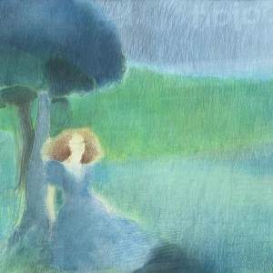 Ninette Ferard (Namur 1933-) pastel Young woman sitting against a tree