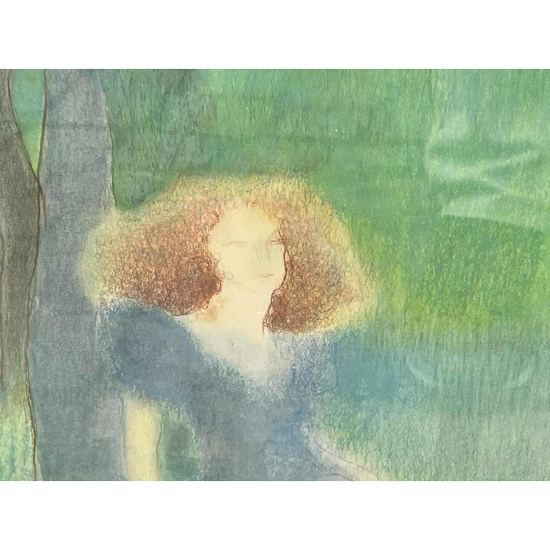 Ninette Ferard (Namen 1933-) pastel Jonge vrouw zittend tegen een boom