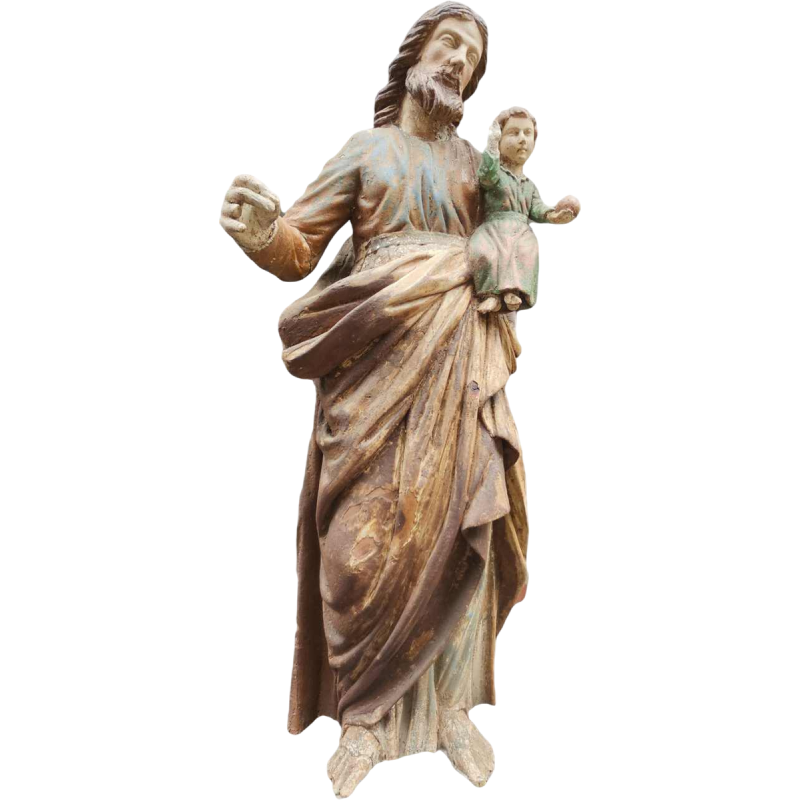 Statue en bois polychrome, Saint-Joseph et l'enfant Jésus, sculpture 18ème s