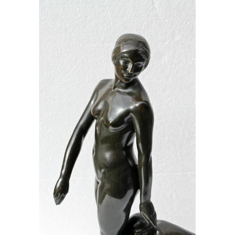 JEUNE FEMME ET FAUNE,BRONZE ART-DECO PAUL SILVESTRE