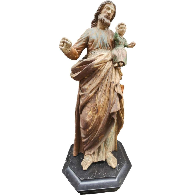 Statue en bois polychrome, Saint-Joseph et l'enfant Jésus, sculpture 18ème s