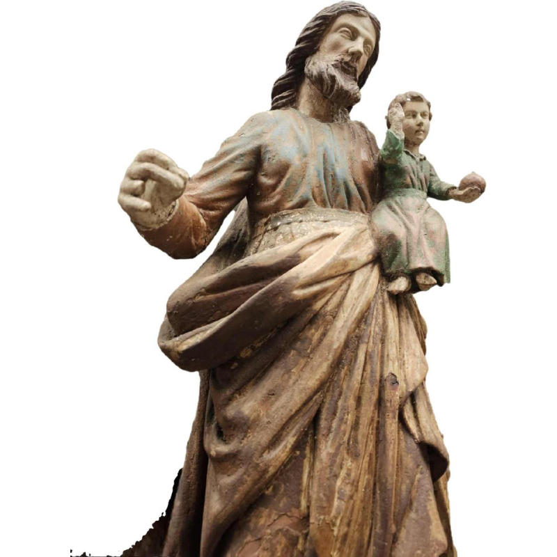 Polychrome wooden statue of Saint Joseph and the infant Jesus, 18th century sculpture