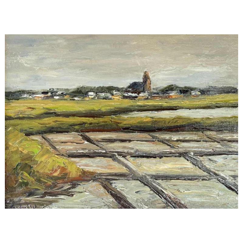 Jacques Vander Elst (1925-1991): « Marais salants Batz s/mer Bretagne 1974 » hst