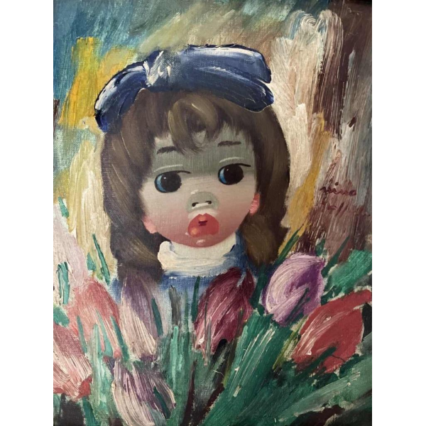 Nino GIUFFRIDA (1924-) Meisje met tulpen olieverf op doek 27,5x22,5 cm
