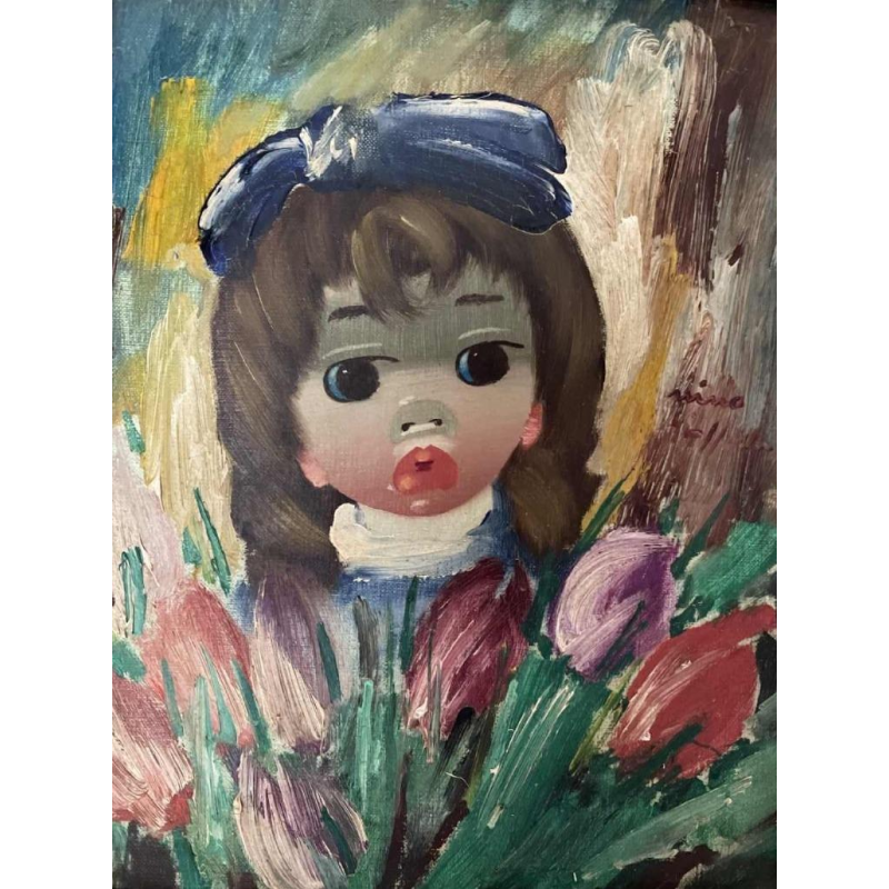 Nino GIUFFRIDA (1924-) « La fillette aux tulipes » huile sur toile 27,5x22,5 cm