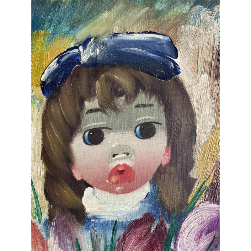 Nino GIUFFRIDA (1924-) « La fillette aux tulipes » huile sur toile 27,5x22,5 cm