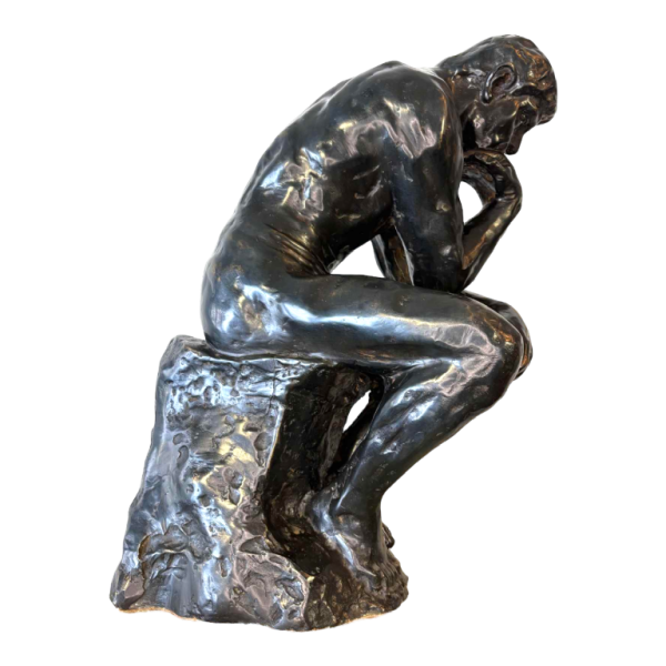 Groot zwart gepatineerd bronzen beeld van De Denker, reproductie naar Auguste Rodin
