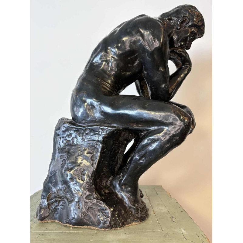 Groot zwart gepatineerd bronzen beeld van De Denker, reproductie naar Auguste Rodin