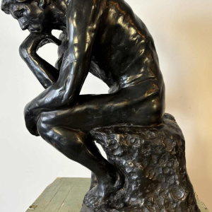 Groot zwart gepatineerd bronzen beeld van De Denker, reproductie naar Auguste Rodin