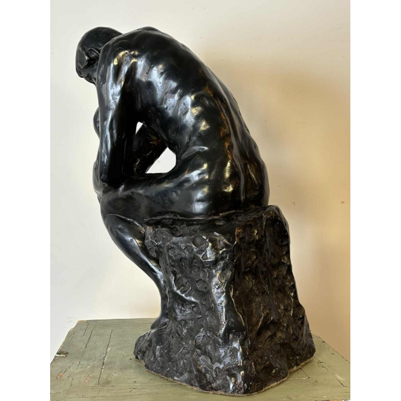 Groot zwart gepatineerd bronzen beeld van De Denker, reproductie naar Auguste Rodin