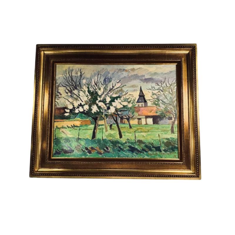 Franck Innocent Spring in Heudebouville post-impressionist painting oil on canvas, 1978