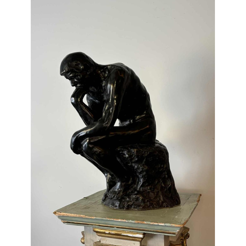 Groot zwart gepatineerd bronzen beeld van De Denker, reproductie naar Auguste Rodin