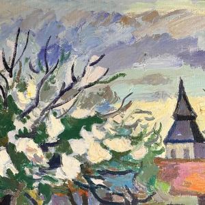 Franck Innocent Spring in Heudebouville post-impressionist painting oil on canvas, 1978