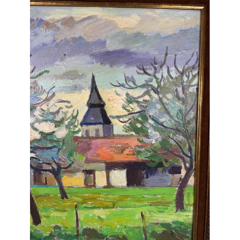 Franck Innocent 'Printemps à Heudebouville' tableau post-impressionniste huile sur toile, 1978