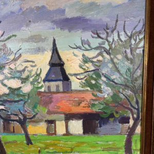 Franck Innocent 'Printemps à Heudebouville' tableau post-impressionniste huile sur toile, 1978