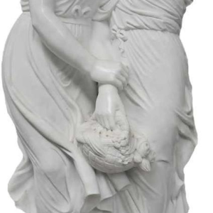 Monumentaal beeldhouwwerk in Carrara marmer 'Jonge vrouwen met een mand bloemen
