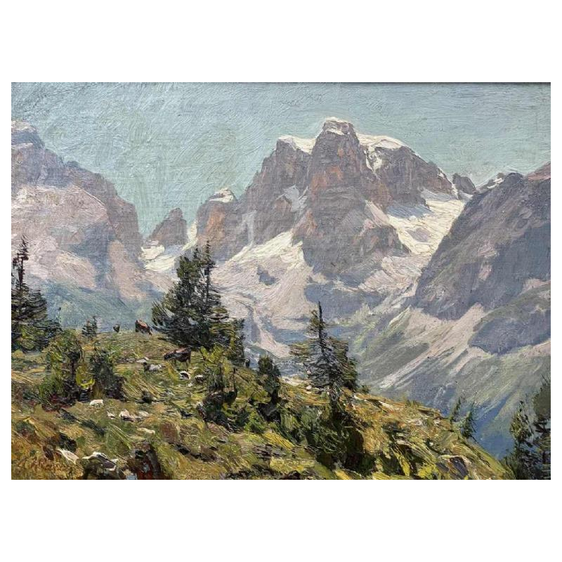 Georg MACCO (1863-1933) « Paysage montagnard avec vaches » hsp 33x44 cm