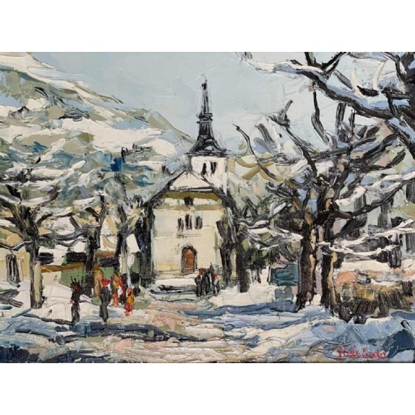 Renée THEOBALD (1926-2014): « Le village des Houches sous la neige. » hst 33x41