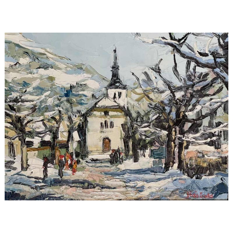 Renée THEOBALD (1926-2014): « Le village des Houches sous la neige. » hst 33x41